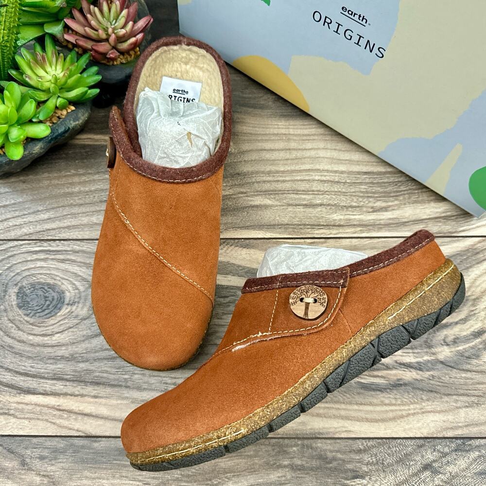 NIB Earth Origins Ezra 7.5M 38.5 Acorn Brown Slip On Clogs Suede